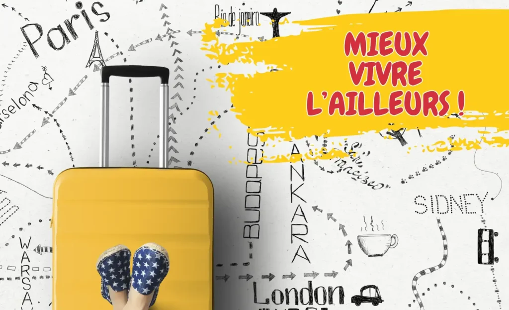 Photo illustrant un mur rempli de destinations, une valise jaune avec des pieds croisés se reposant dessus et n slogan : mieux vivre l'ailleurs