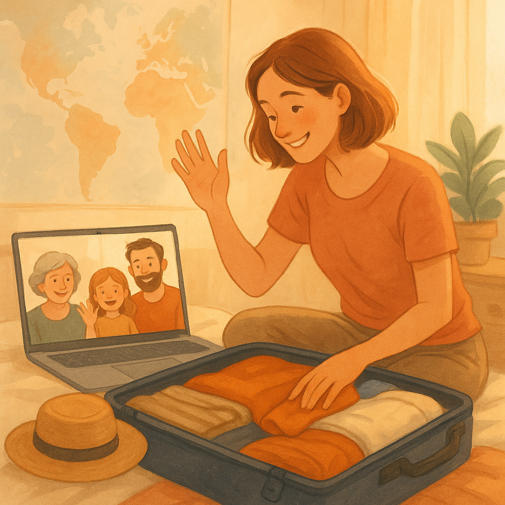 "Jeune femme préparant sa valise pour une expatriation tout en échangeant avec sa famille par visioconférence, illustrant l'importance d'inclure ses proches dans son projet d'expatriation."